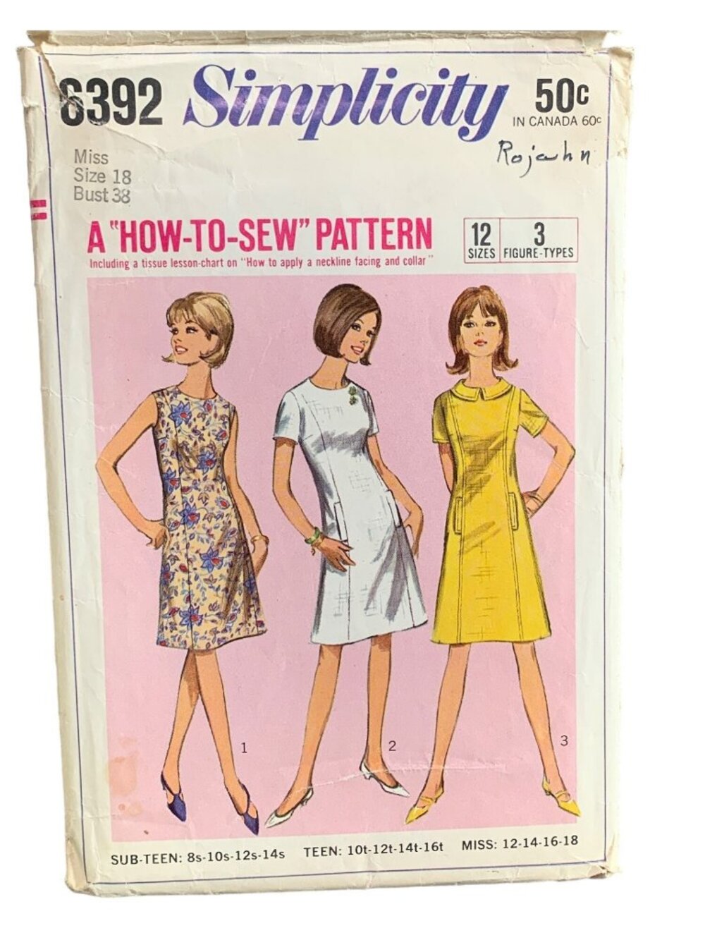 Simplicity 6392 Vintage Sewing Pattern Misses Dress Size 18 60s